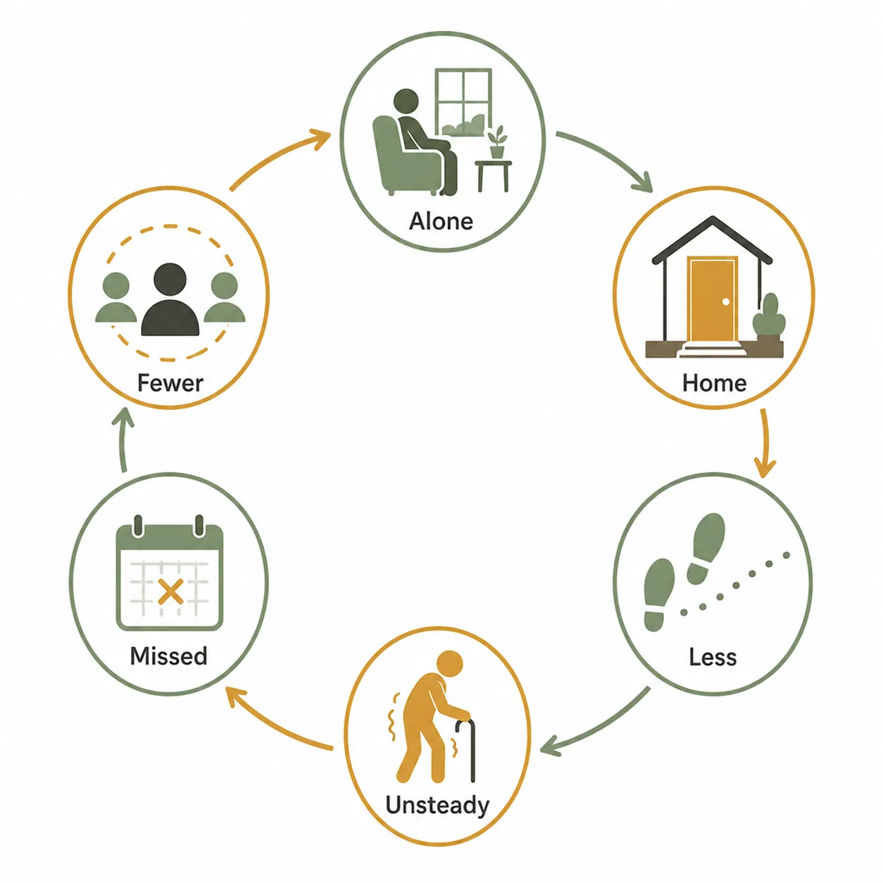 Circular diagram showing the loop between staying home, fewer walks, fear of falling, missed outings, and fewer invitations