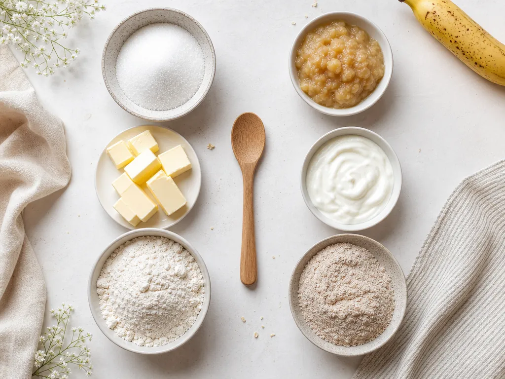 Baking substitutions showing sugar, butter, and flour beside applesauce, Greek yogurt, and whole wheat pastry flour