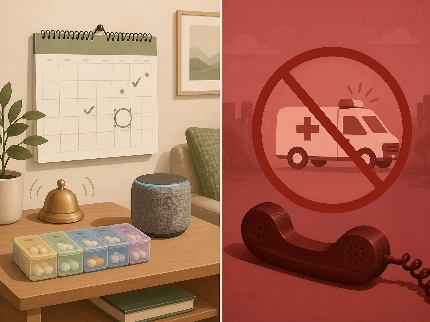 Illustration showing calm reminder tools on one side and a crossed-out emergency ambulance symbol on the other