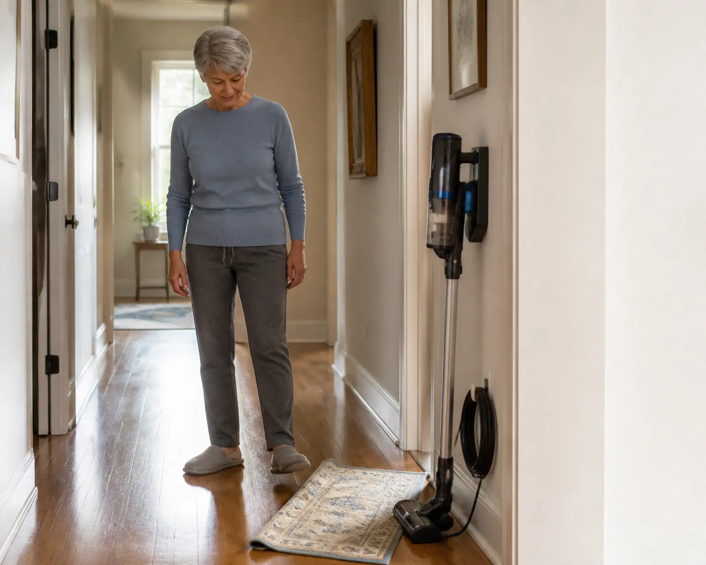 Older adult in non-slip slippers with a throw rug moved aside, a cord coiled by the wall, and a cordless vacuum within easy reach