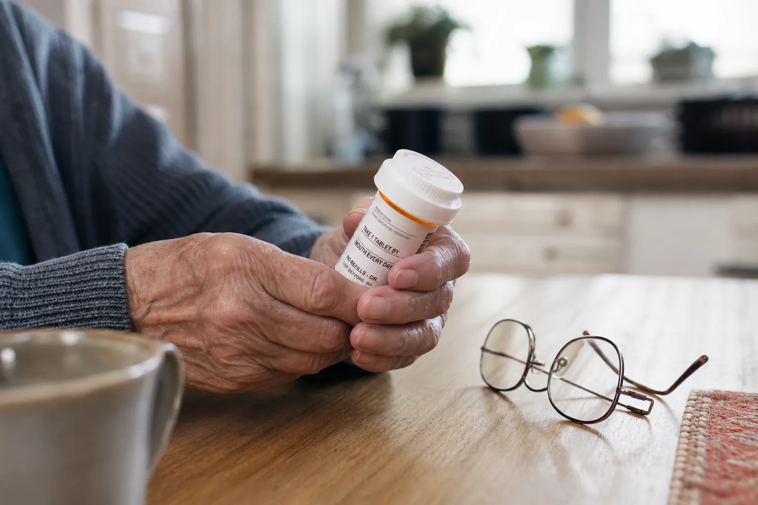 Elderly person inspecting a prescription medication bottle on a kitchen table