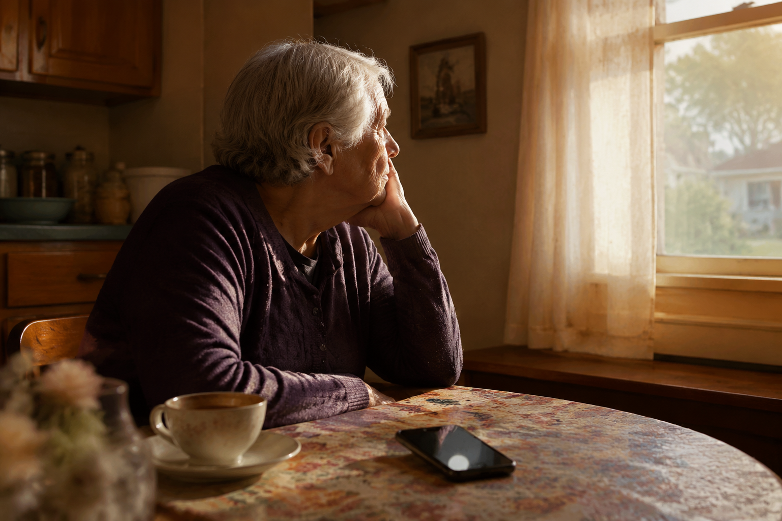 An elderly person sits alone at a kitchen table with a lit smartphone nearby in warm afternoon light.