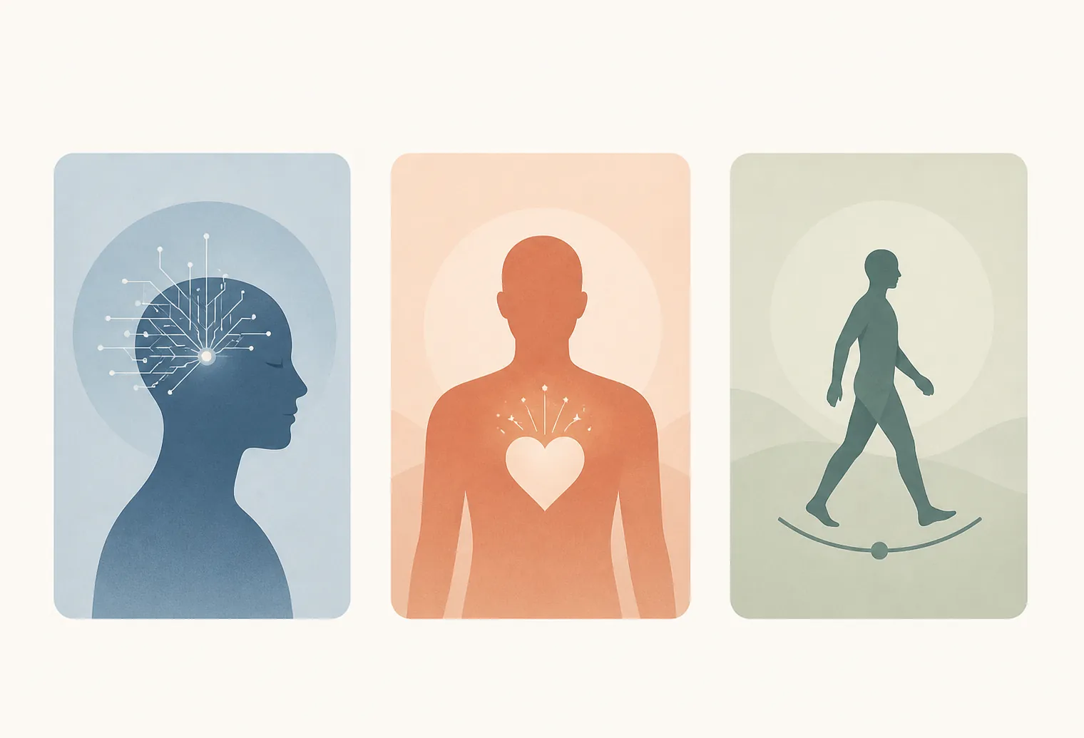 Illustration of thinking, mood, and walking domains shown in three simple panels
