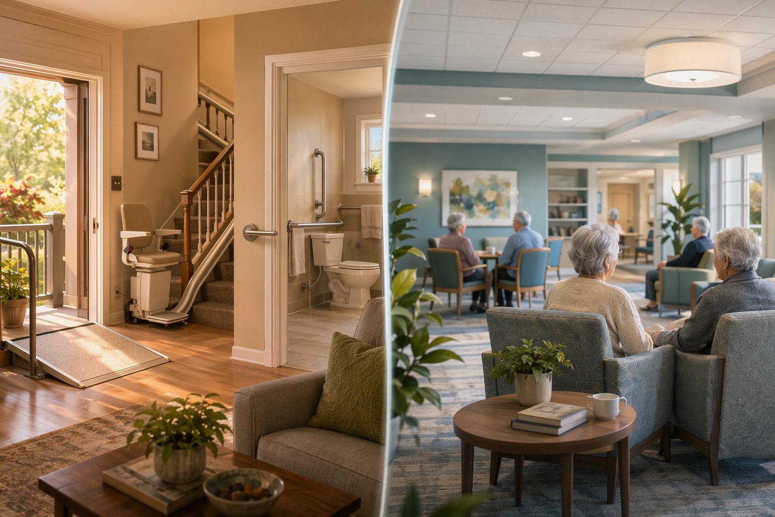 Split-view illustration comparing a warm modified home interior with aging-in-place features against an assisted living facility common area.