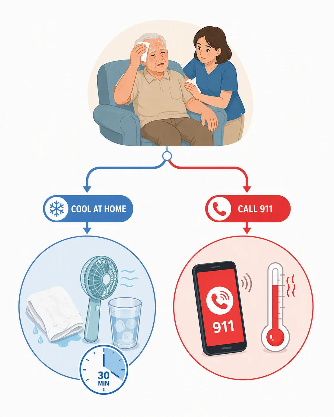 Decision path showing home cooling versus calling 911 for an overheated older adult