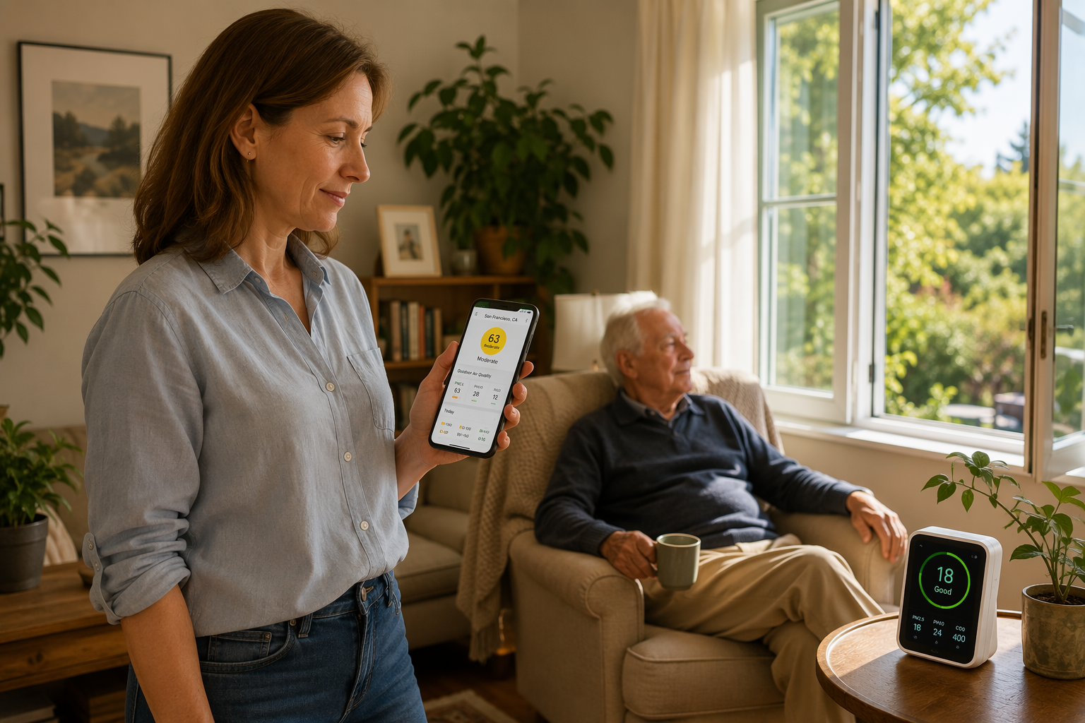 A caregiver checks an air quality app while an older adult sits near a window and an indoor air quality monitor rests on a side table.