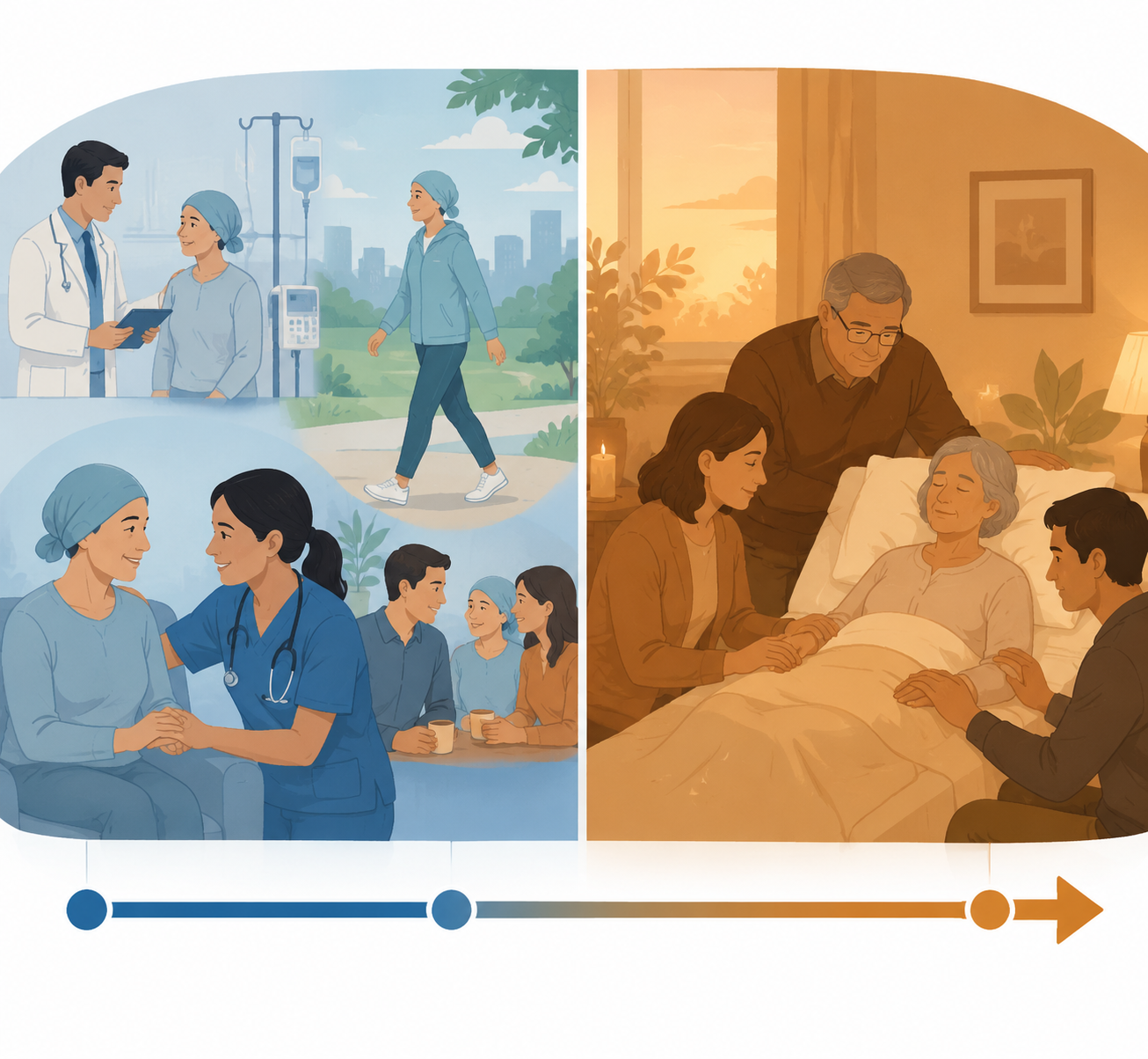 Side-by-side illustration comparing palliative care alongside treatment with hospice care at home near the end of life