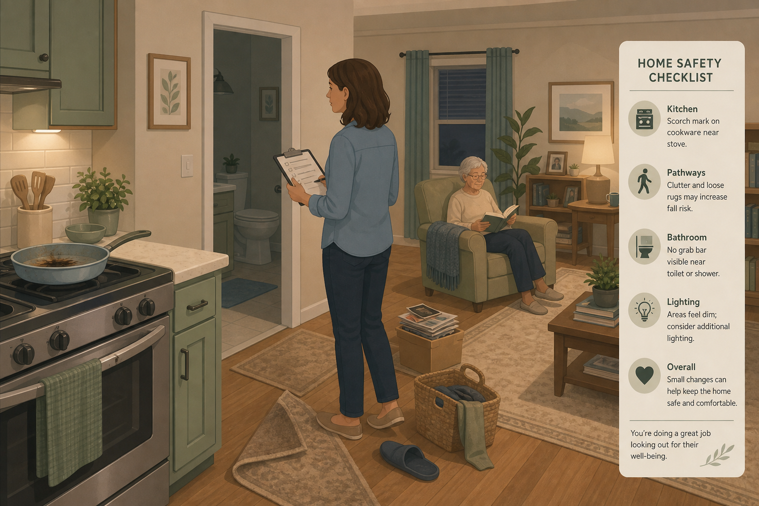 An adult child observing a kitchen counter with a scorched pan, a cluttered hallway with a loose rug, and a bathroom without a grab bar. An elderly parent sits reading in the background.