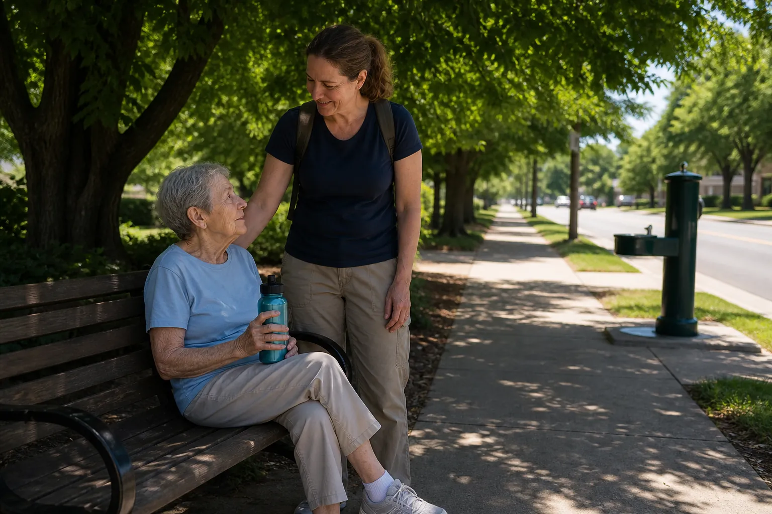 Older adult resting on a shaded bench with a water bottle during a summer walk while a caregiver stands nearby