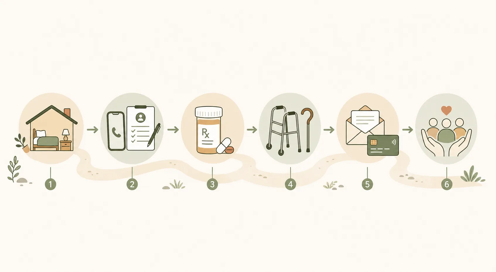 Illustration of an ordered recovery path from shelter to FEMA registration, medications, mobility equipment, benefits, and local senior services