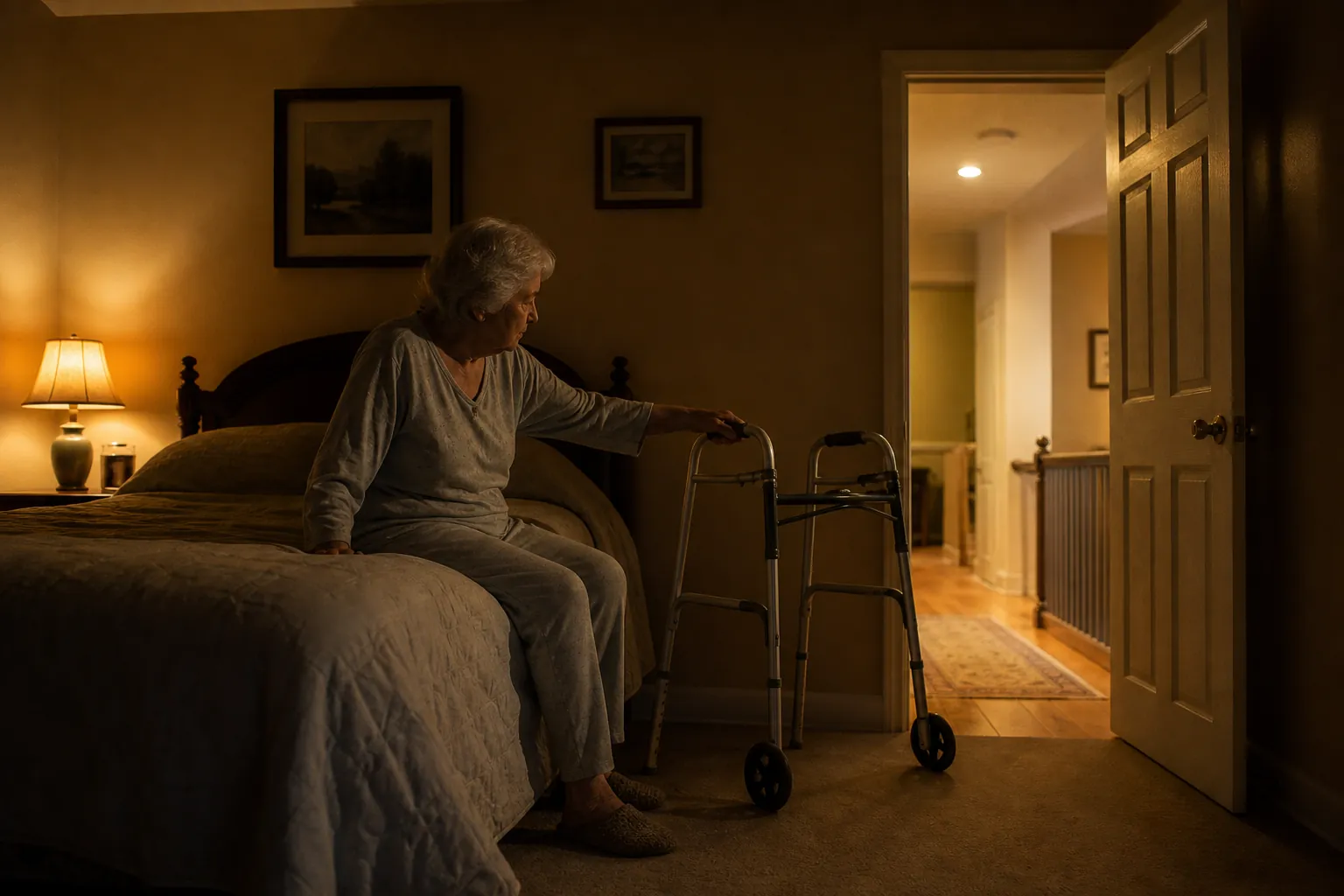 Older woman reaching for a walker beside her bed at night