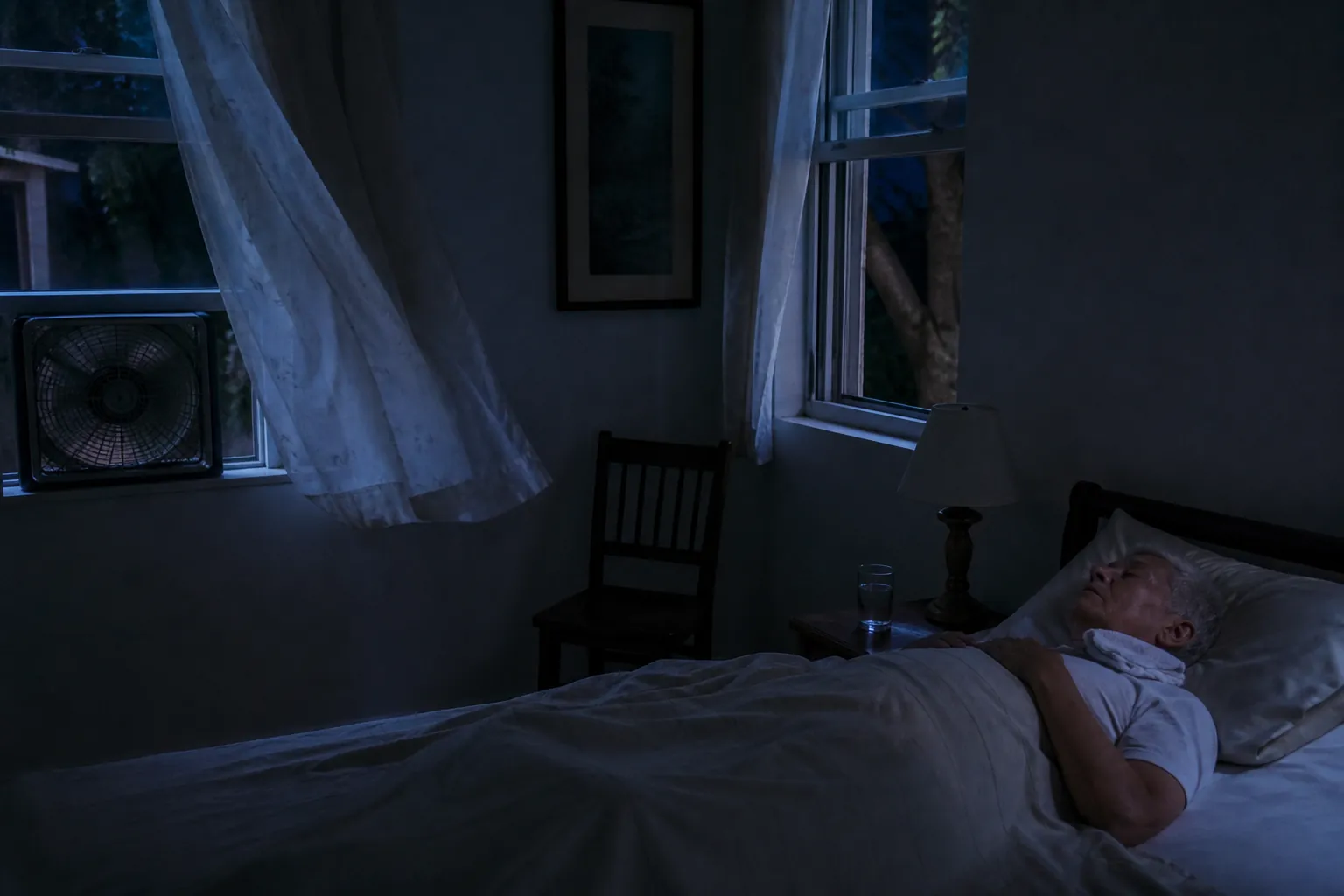Night-time bedroom with cross-ventilation, a box fan drawing in cooler air, and an older adult resting with a damp cloth on the neck
