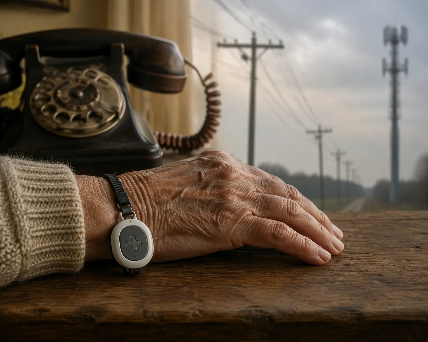 Older adult's medical alert pendant beside an old copper-wire desk telephone