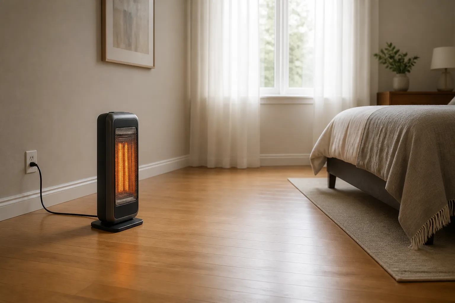 Electric space heater on a clear floor with open space from curtains and furniture