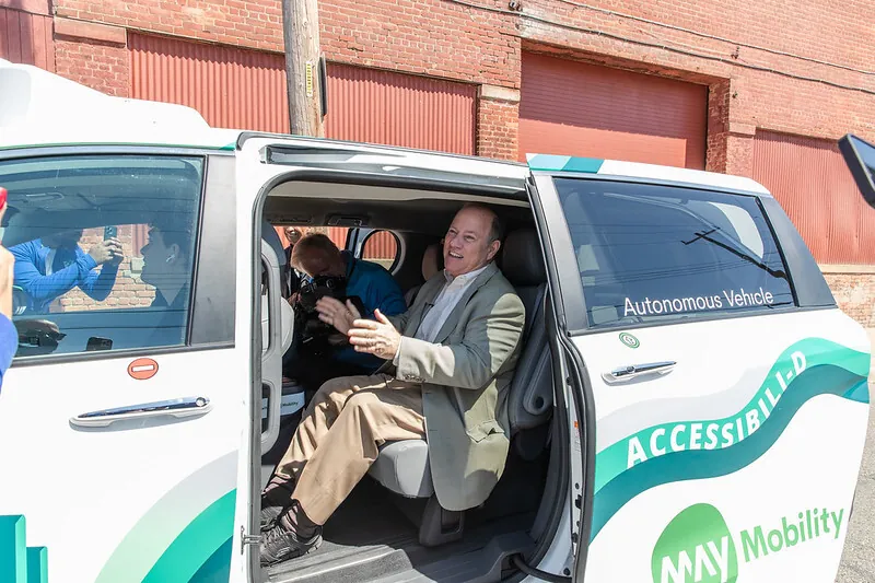 Accessibili-D autonomous shuttle parked on a Detroit street