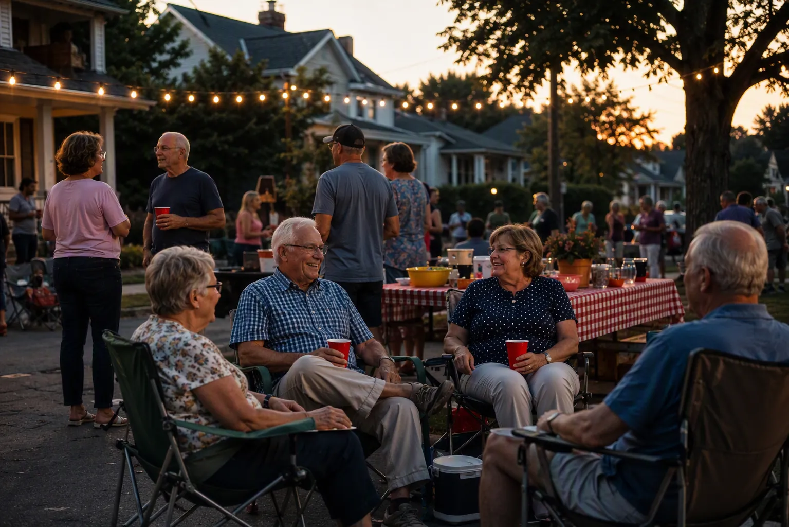 Warm dusk neighborhood block party with older adults seated in folding chairs while neighbors gather near a cookout table