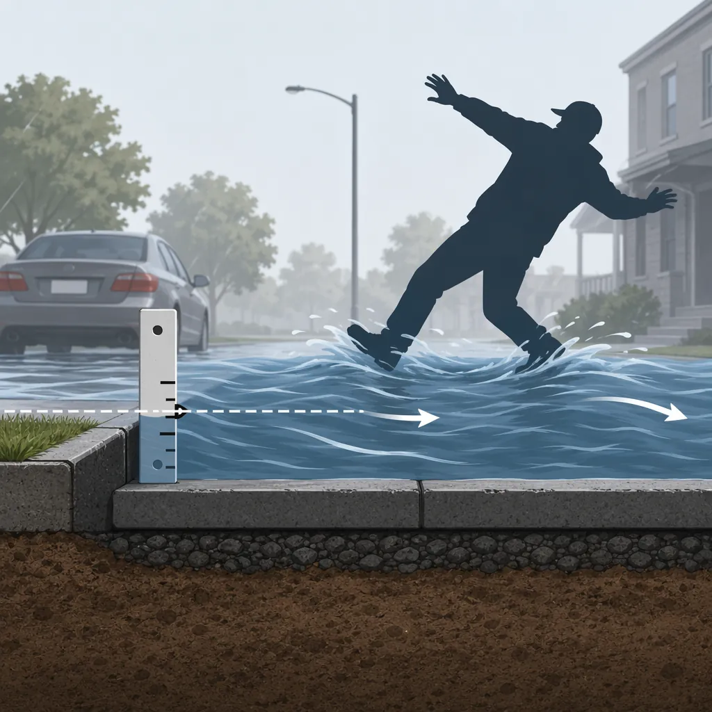 Instructional illustration showing six inches of moving floodwater pushing an adult off balance