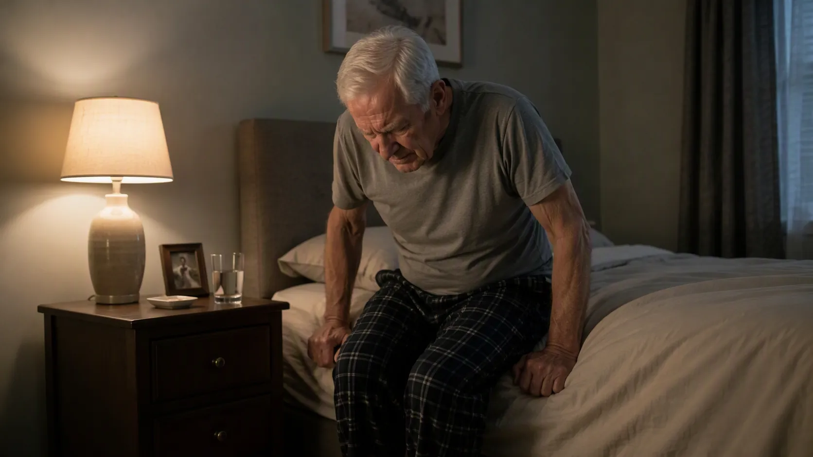 Older man sitting on the edge of a bed at night as if lightheaded before standing