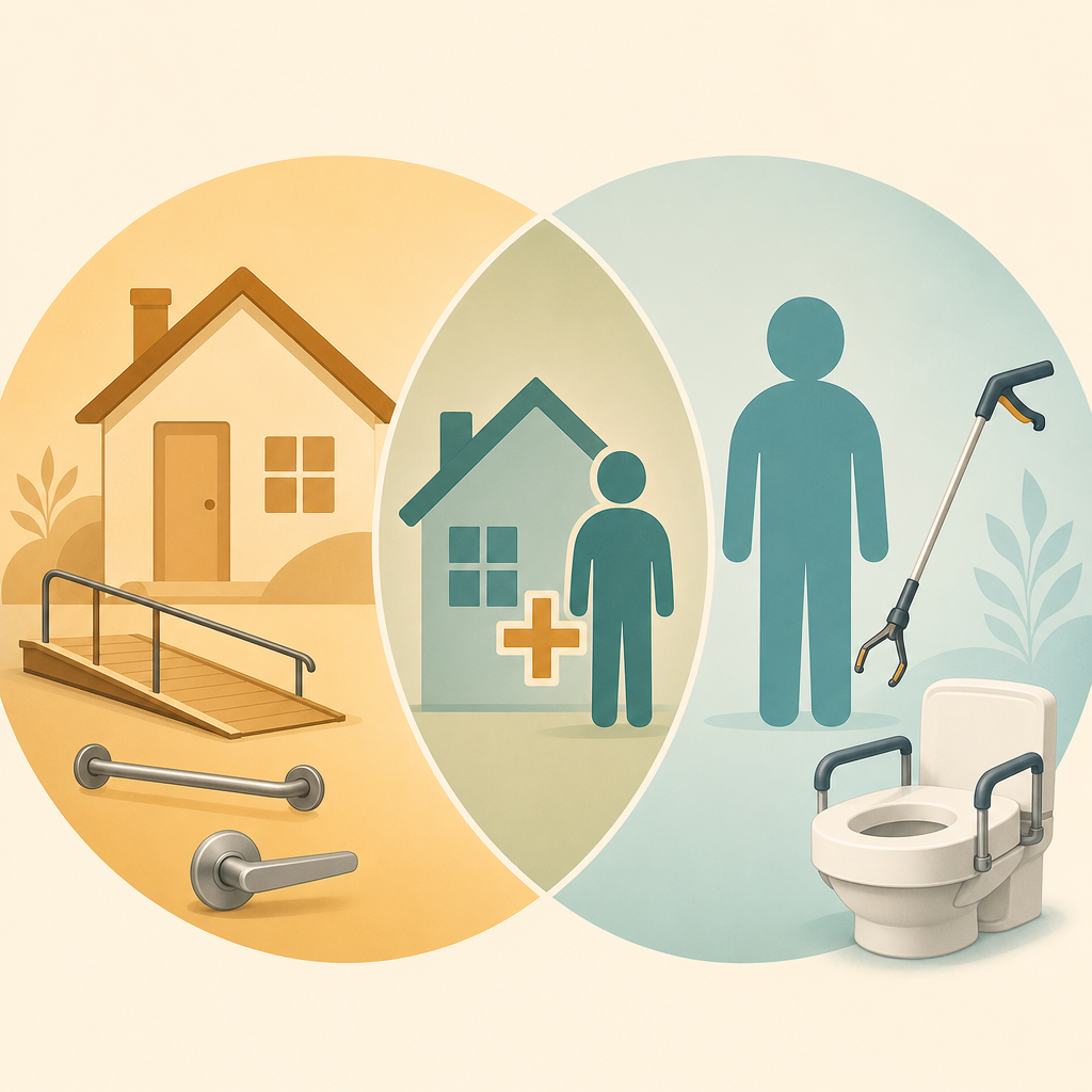 Editorial illustration with three sections: on the left, an abstract house icon with subtle home modification elements (ramp, grab bar, lever handle); on the right, a human figure silhouette with adaptive equipment elements (reacher tool, raised toilet seat); in the center, an overlapping section showing the house icon and person figure together with a plus sign.