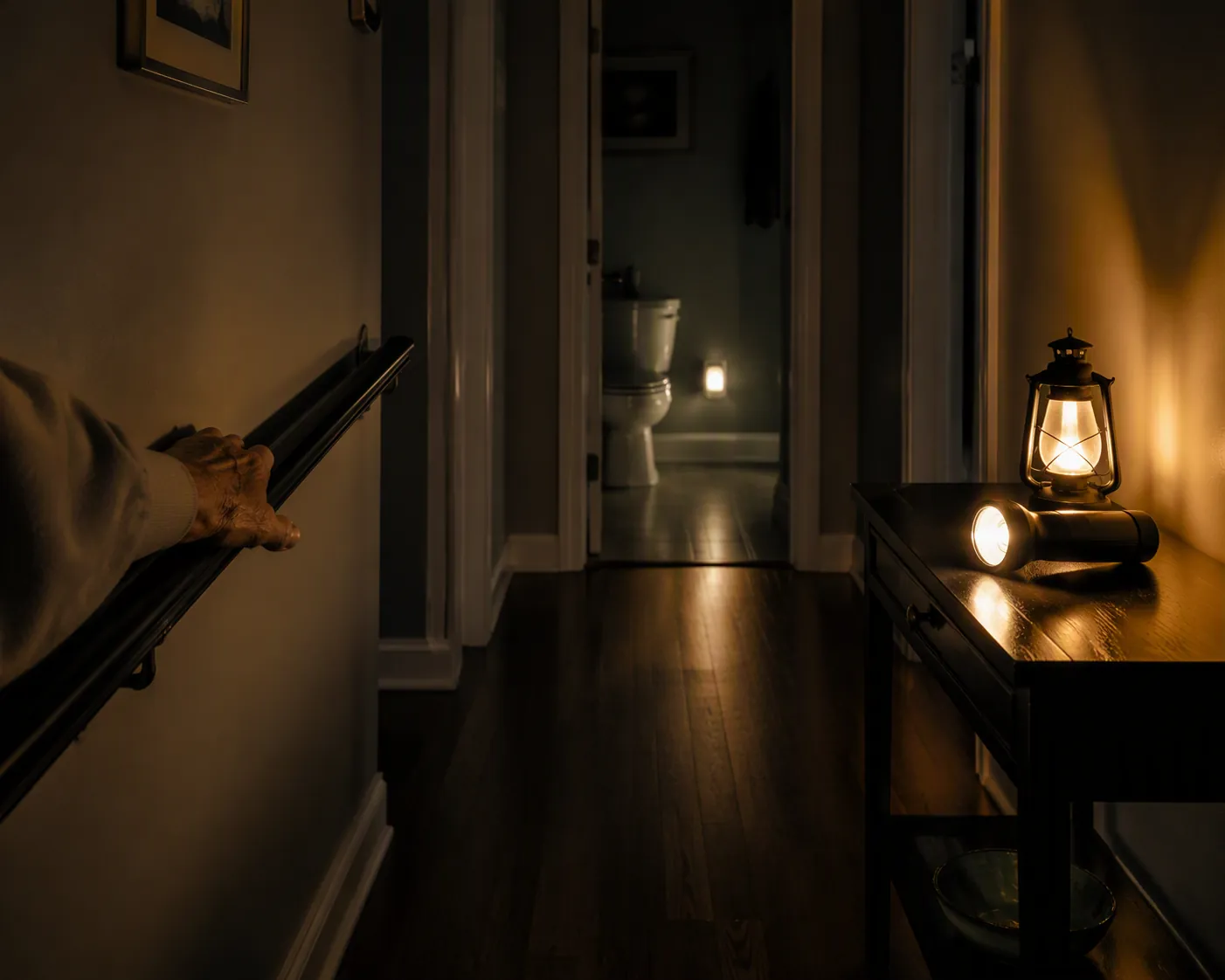 Dark home hallway during a power outage with a flashlight, lantern, clear walking path, handrail, and bathroom nightlight