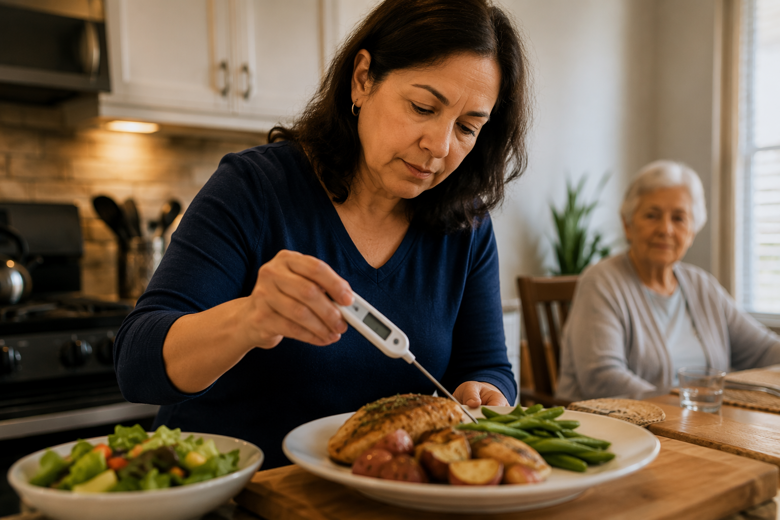 Caregiver using a digital food thermometer while an older adult waits at the dining table