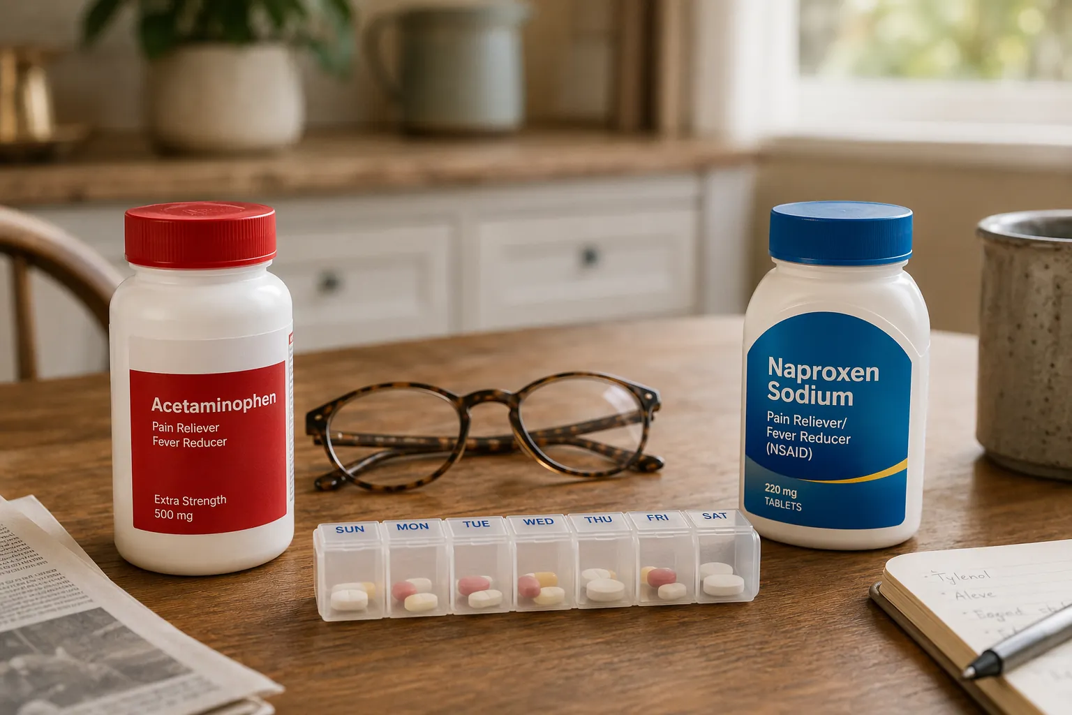 Two pain reliever bottles with reading glasses and a weekly pill organizer on a wooden table