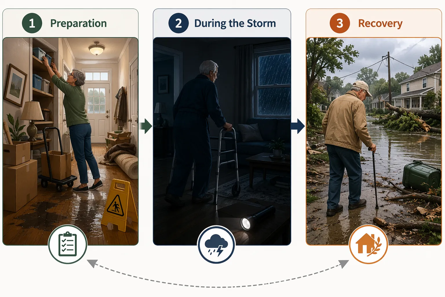 Three-panel infographic showing preparation, during-the-storm, and recovery fall-risk windows for seniors