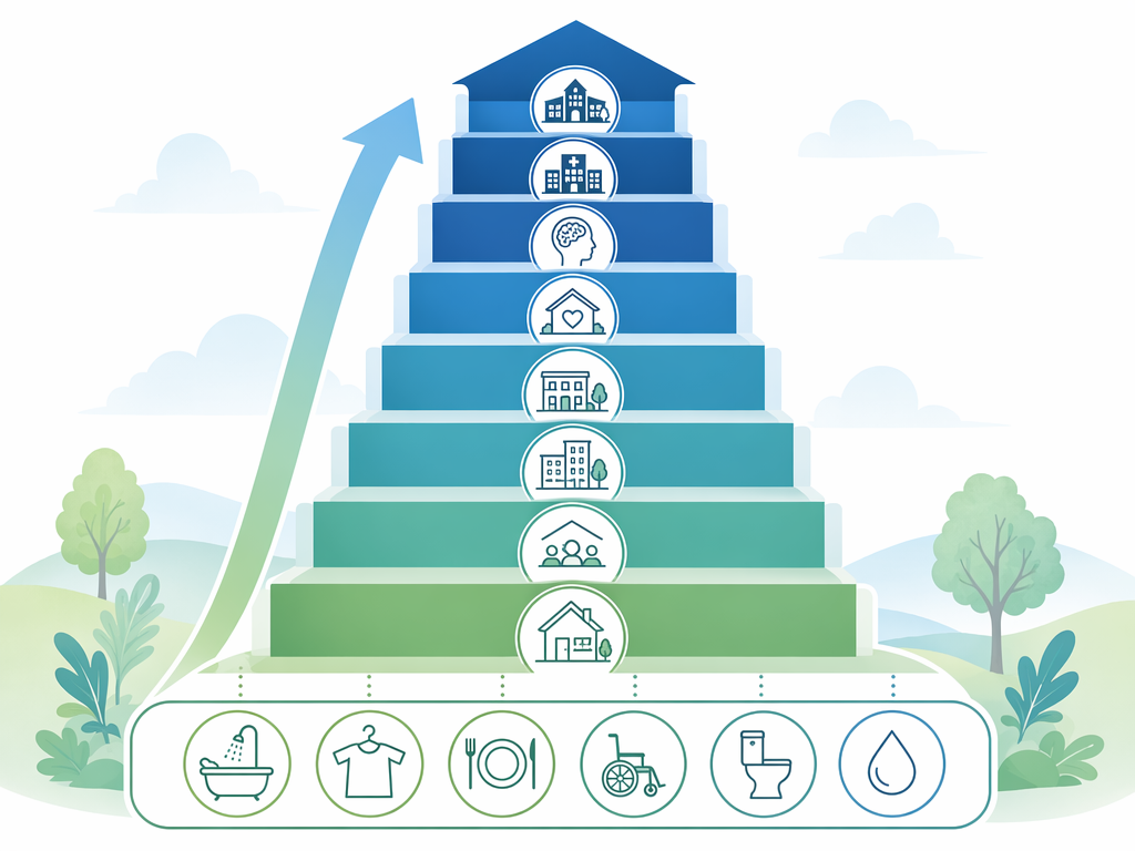 A staircase-style diagram with simple line icons at the bottom representing basic activities of daily living. Steps ascend upward and connect to icon outlines of various care settings, illustrating how increasing functional need maps to higher-acuity care types.