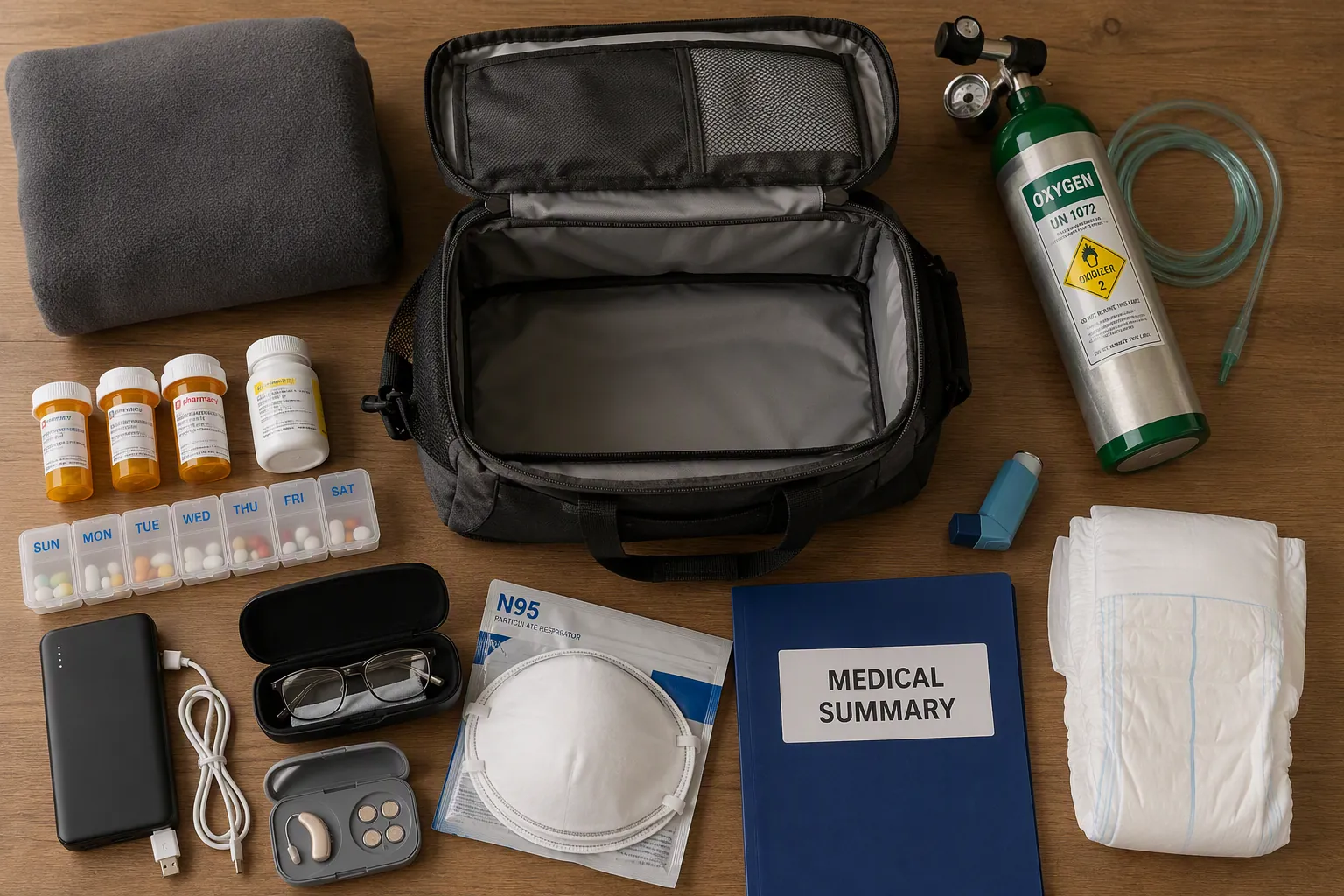 Senior-specific wildfire go-bag items including medications, N95 masks, hearing aid batteries, glasses, incontinence supplies, power bank, oxygen tubing, and medical documents