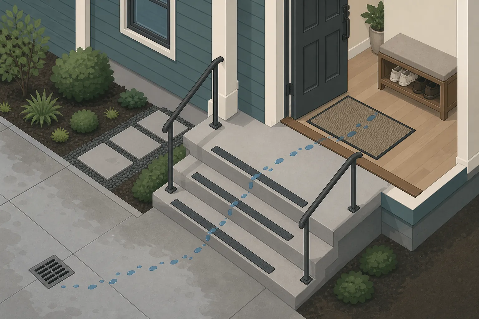 Illustration of a rainy outdoor-to-entry hazard path with drainage, steps, double handrails, threshold, mat, and indoor shoe bench