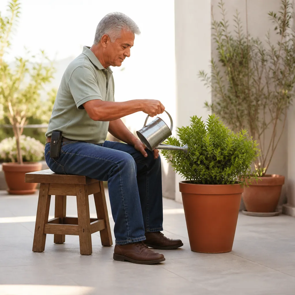 Older man seated on a sturdy garden stool watering a waist-high potted plant on a level patio with a phone in a hip holster