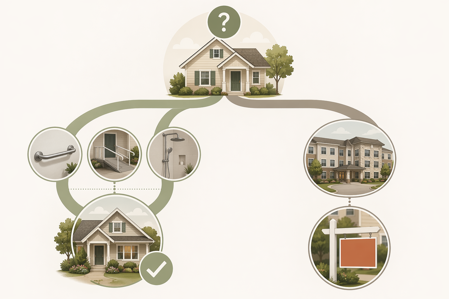 Editorial illustration of a decision pathway comparing home modification and assisted living options.