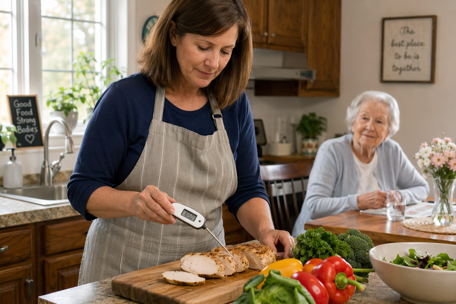 Caregiver using a digital food thermometer while cooking in a home kitchen with an older adult nearby