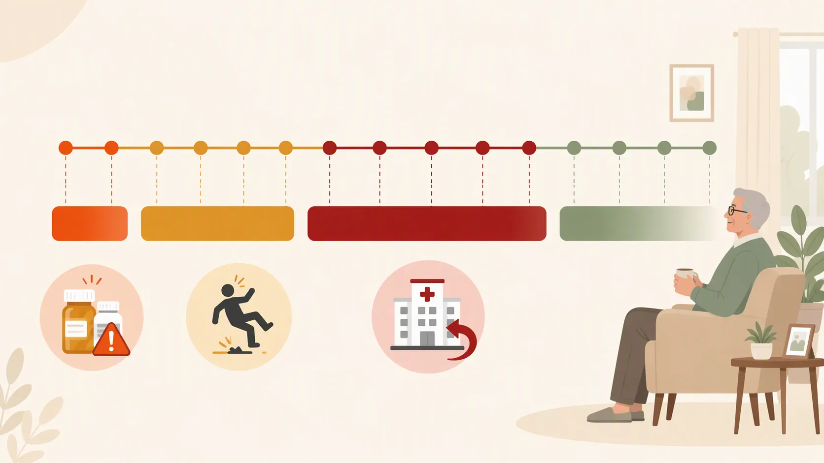 Timeline of the first 14 days after discharge showing medication, fall, and readmission risk bands
