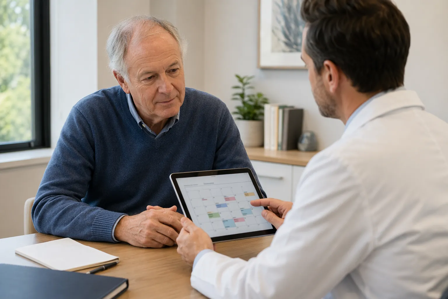 Older man and doctor reviewing a scheduling calendar during a hair transplant consultation
