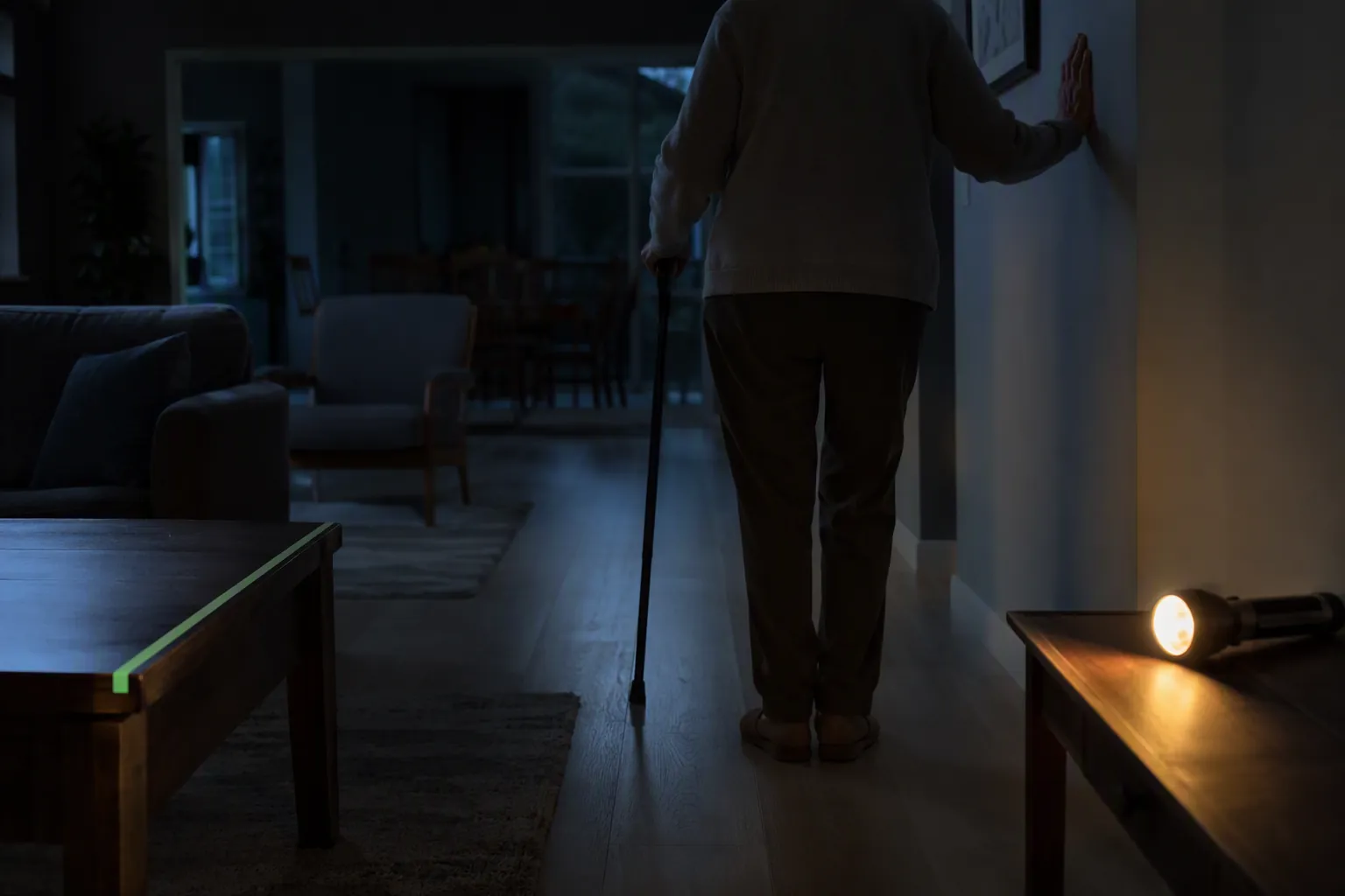 Older adult using a cane in a dim living room with clear walking paths, glow tape, and a flashlight nearby