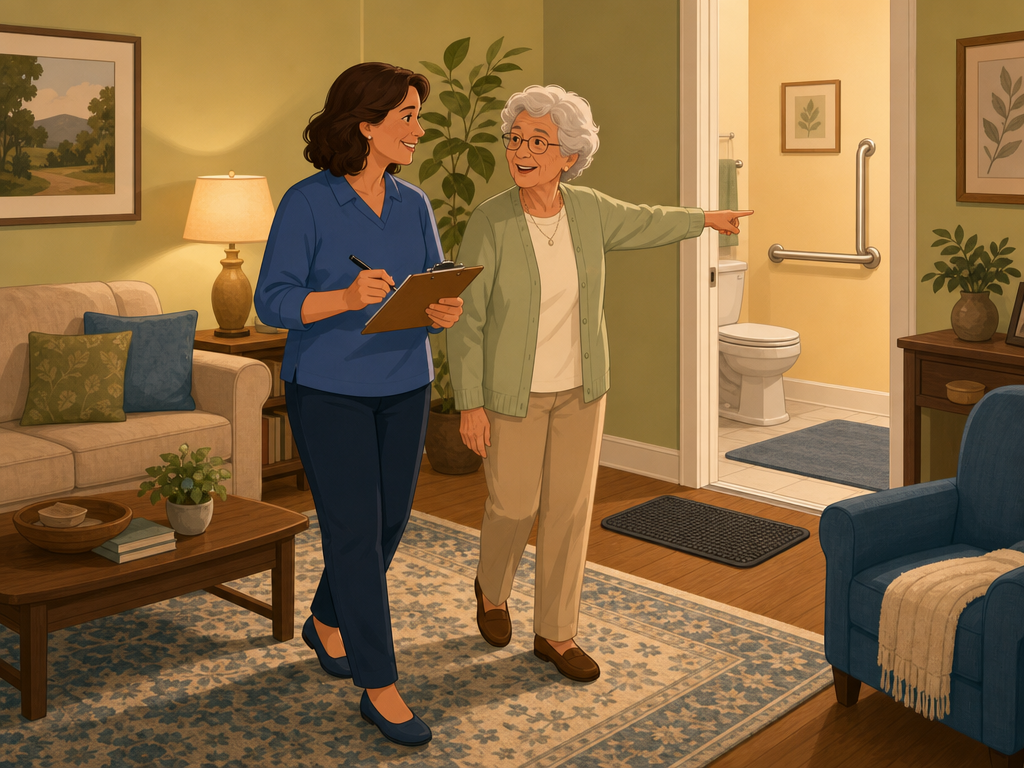 A family caregiver holding a clipboard and an older adult walking through a cozy living room toward a bathroom during a home safety assessment. The caregiver gestures toward a grab bar in the bathroom while the older adult points.