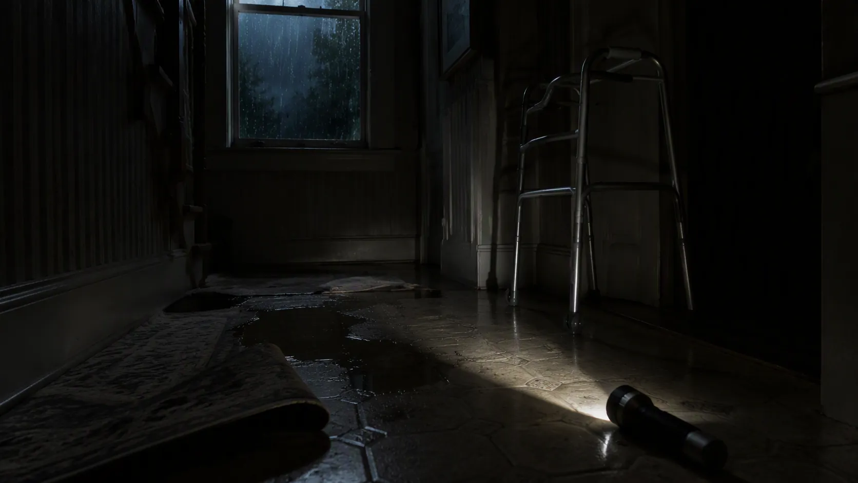 Dim hallway during a power outage with a flashlight beam on a wet floor, a walker in shadow, a curled rug edge, and rain at the window
