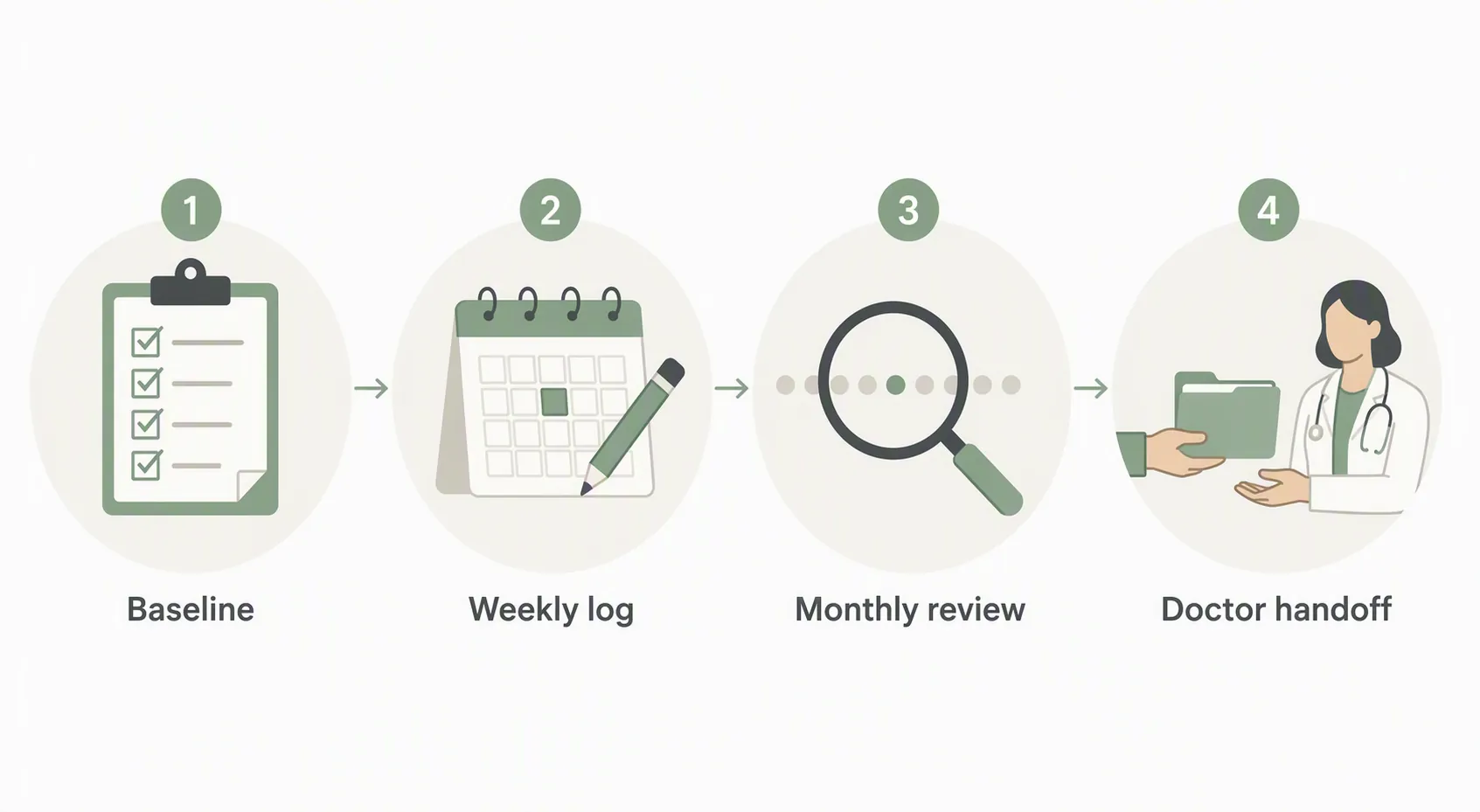 Four-step monitoring process showing baseline, weekly log, monthly review, and doctor handoff