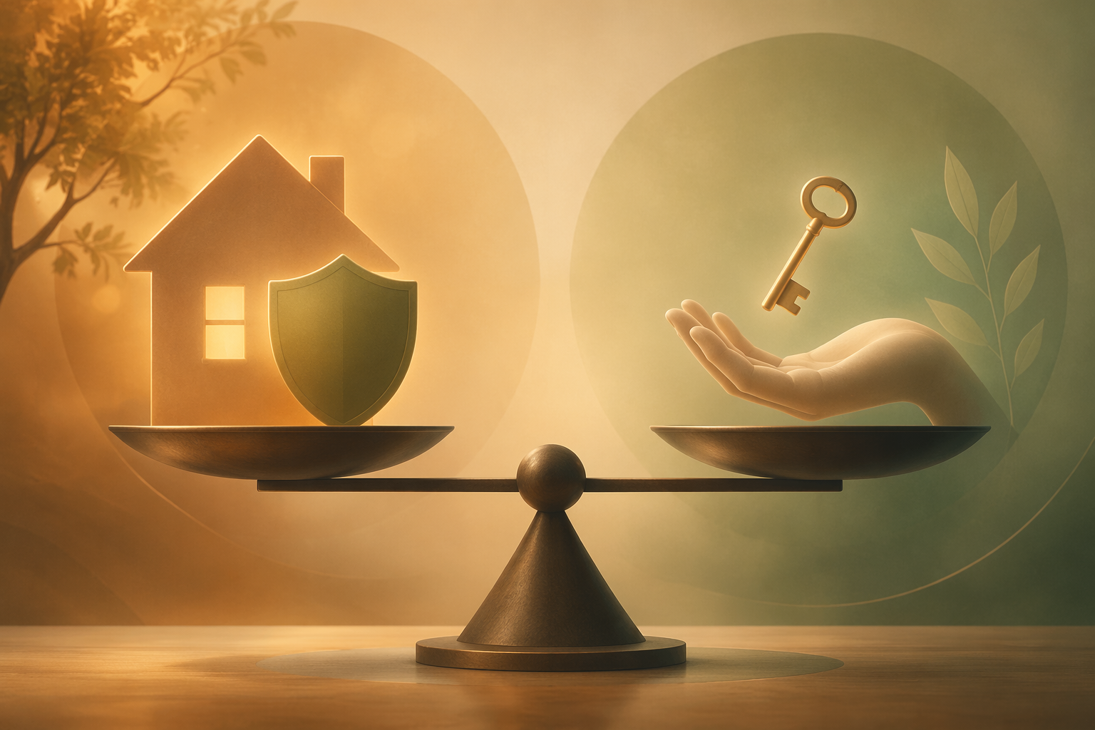 A conceptual balanced scale with a glowing house silhouette and shield on one side, and an open hand with a simple key on the other. The scale is level.