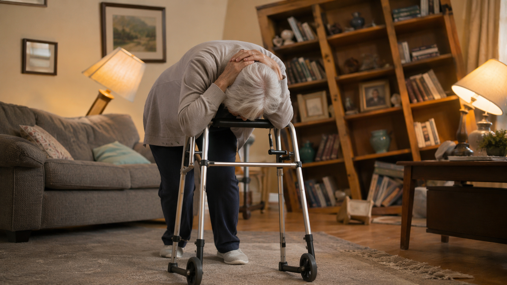 Senior bent forward over a locked walker while covering the head and neck during shaking