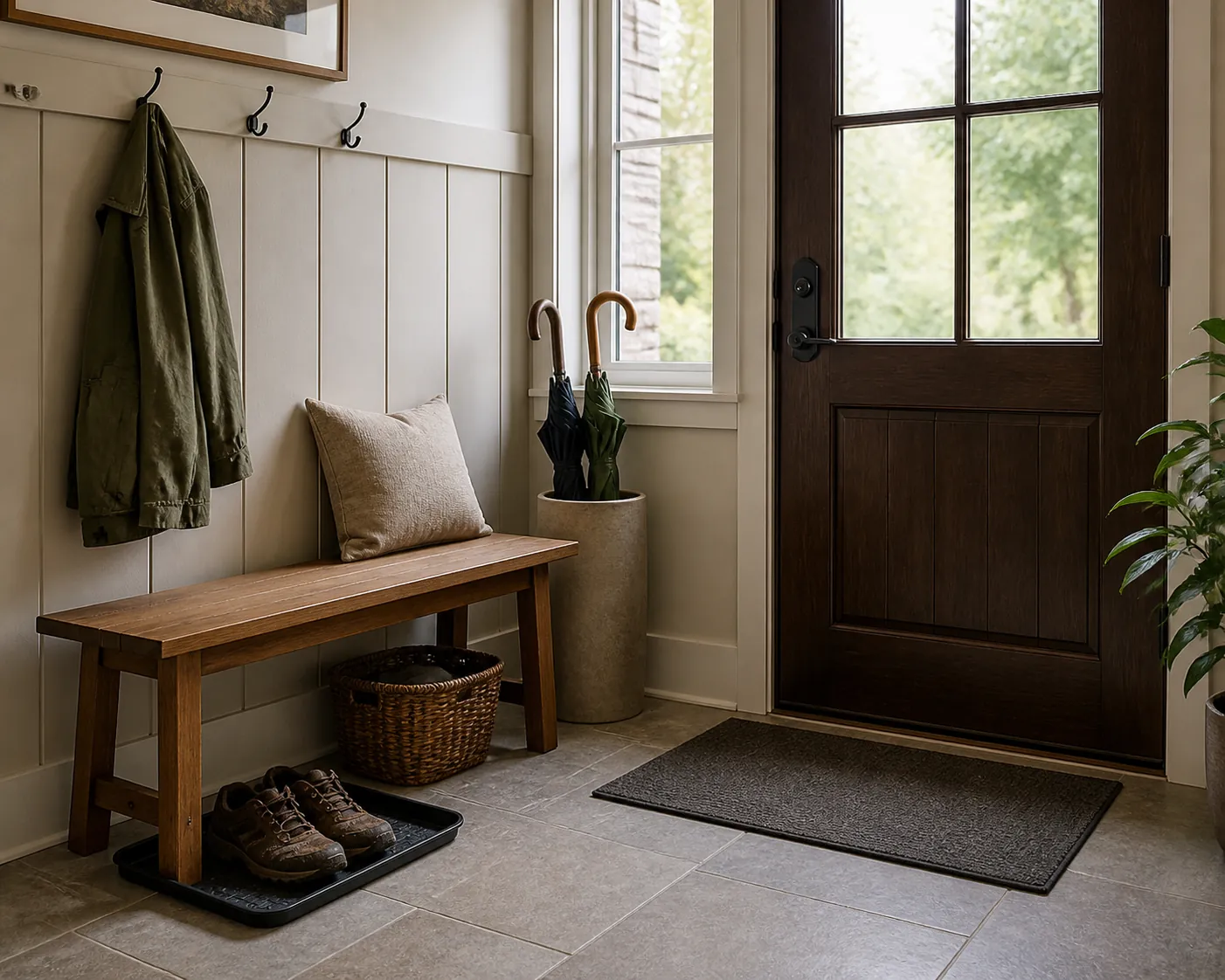 Tidy rainy-day entry drop zone with bench, flat mat, umbrella stand, coat hooks, shoe tray, and clear walkway