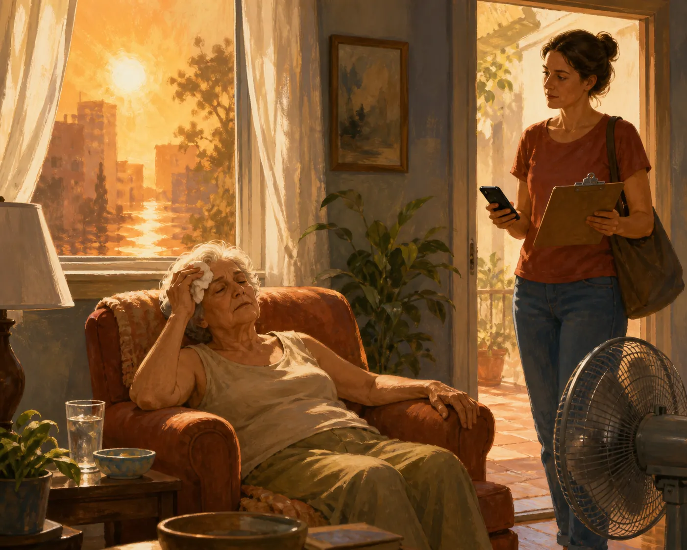 Younger caregiver with a phone and checklist standing near an older adult resting at home during warm weather