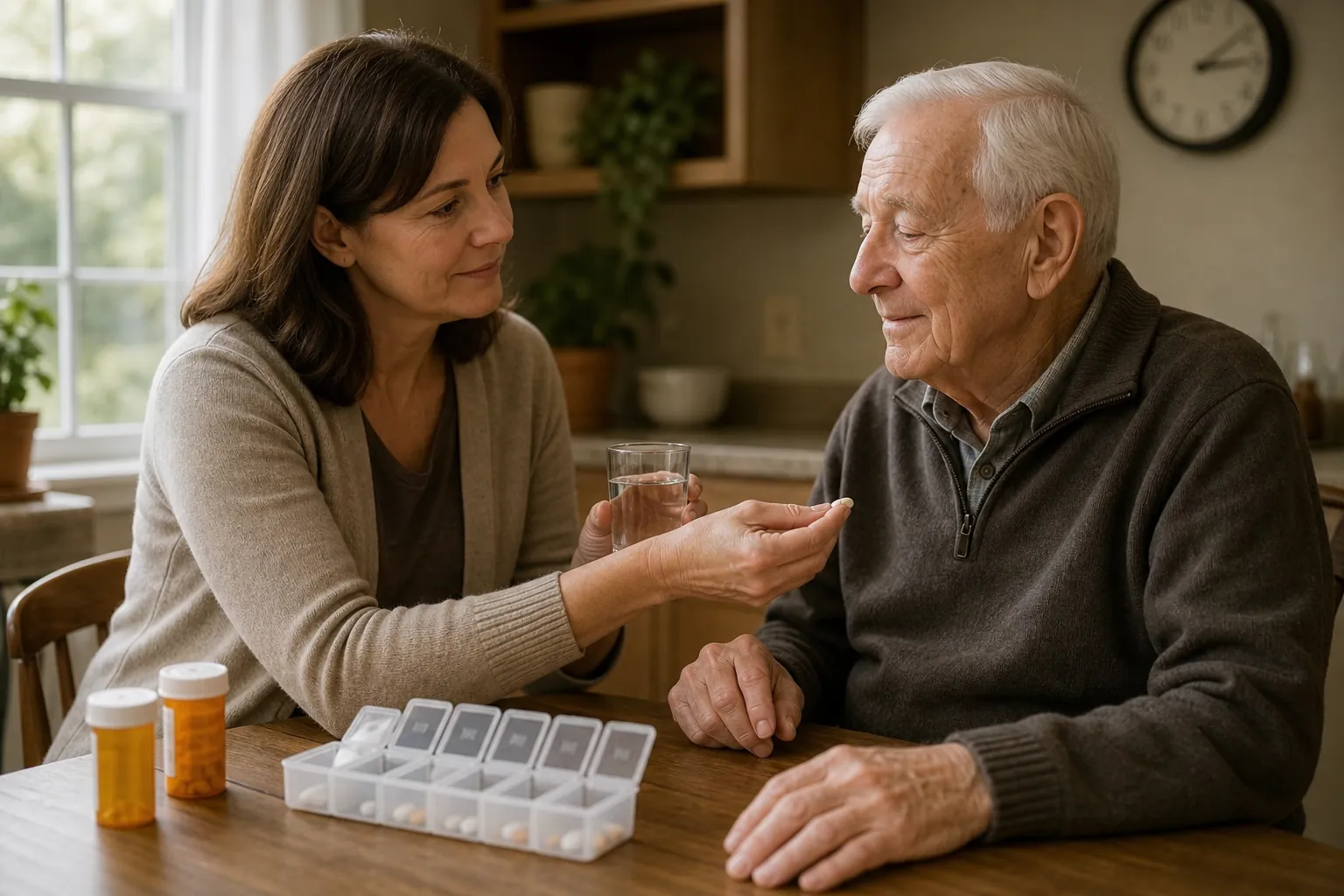 Adult daughter helping her elderly father take Parkinson’s medication at a kitchen table with a pill organizer and clock nearby