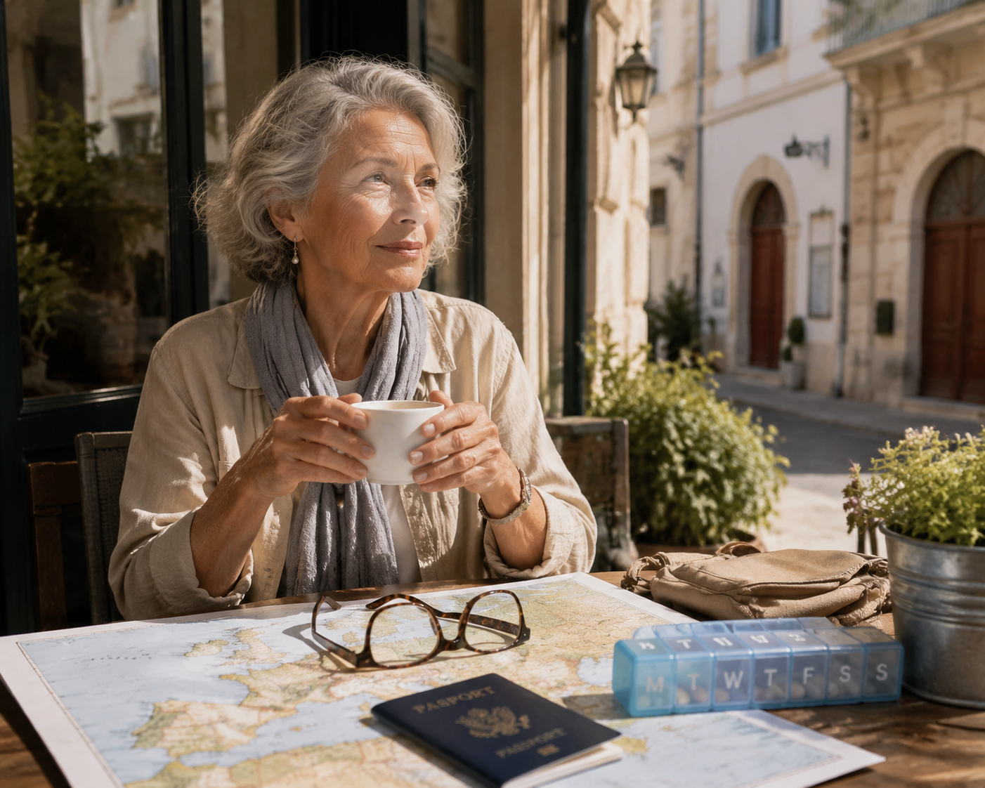 Older woman reviewing a Europe map, passport, glasses, and weekly pill organizer at an outdoor cafe
