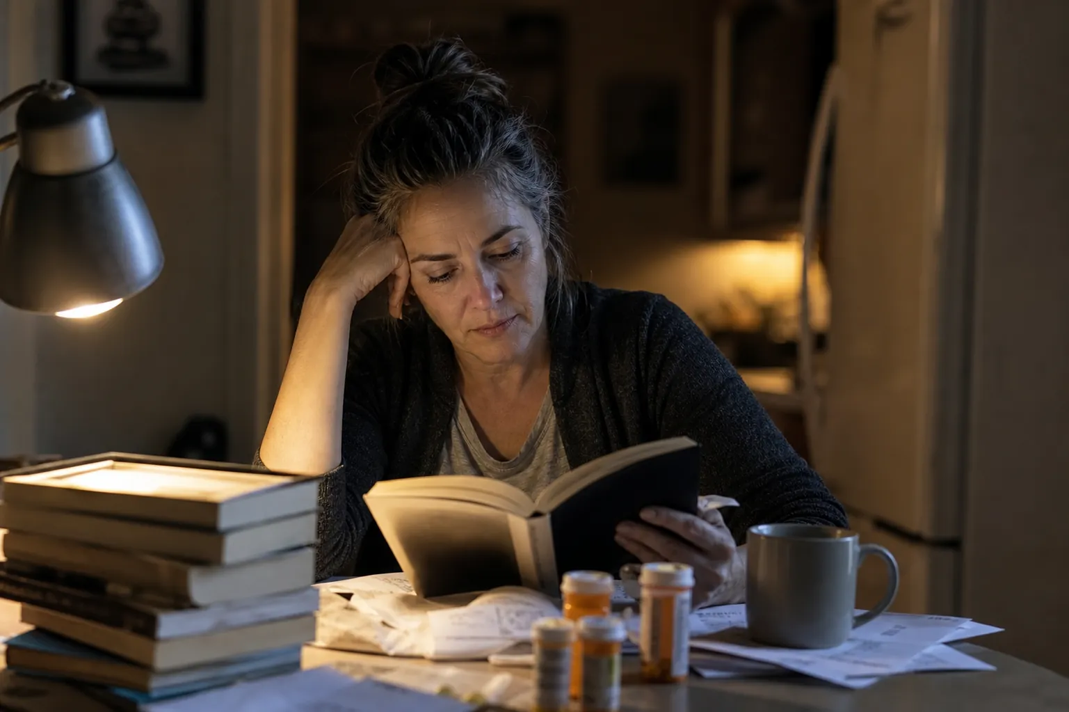 Exhausted caregiver reading at a kitchen table surrounded by pill bottles, bills, library books, and cold coffee