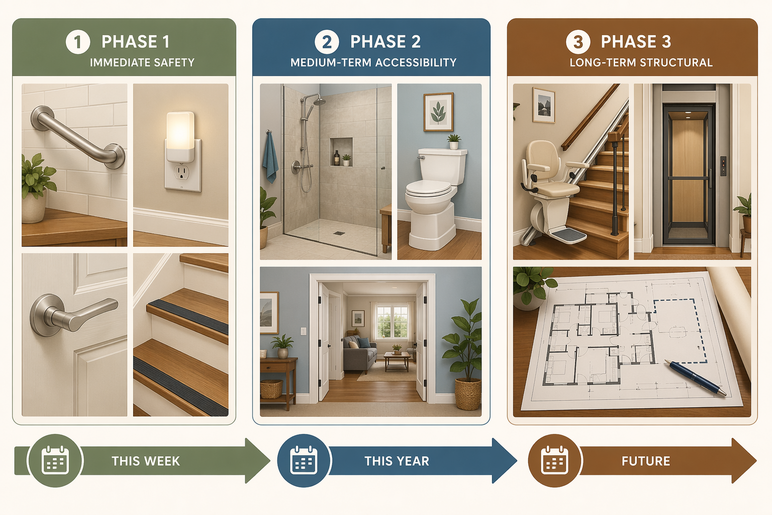 A horizontal three-phase timeline illustration. Left section (Phase 1: Immediate Safety) shows icons for a grab bar, night light, lever door handle, and anti-slip stair treads. Middle section (Phase 2: Medium-Term Accessibility) shows a curbless shower, raised toilet, and widened doorway icons. Right section (Phase 3: Long-Term Structural) shows a stair lift, home elevator shaft, and first-floor addition blueprint icons. A directional arrow connects all three phases. Modern flat illustration.