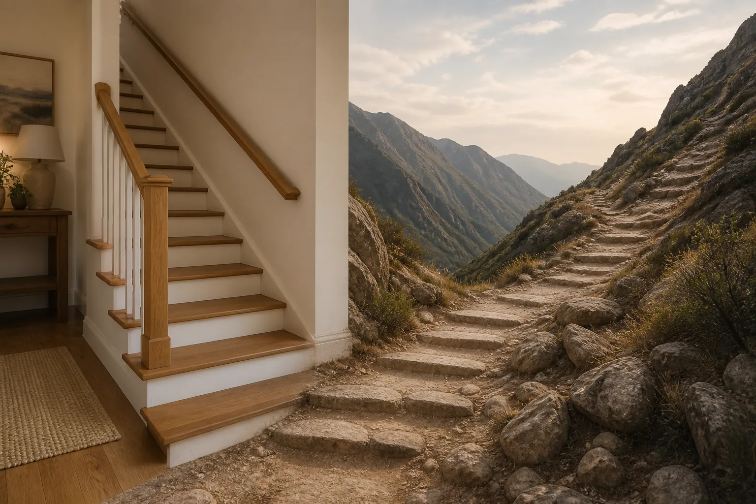 Conceptual image of a home staircase flowing into a rocky mountain trail