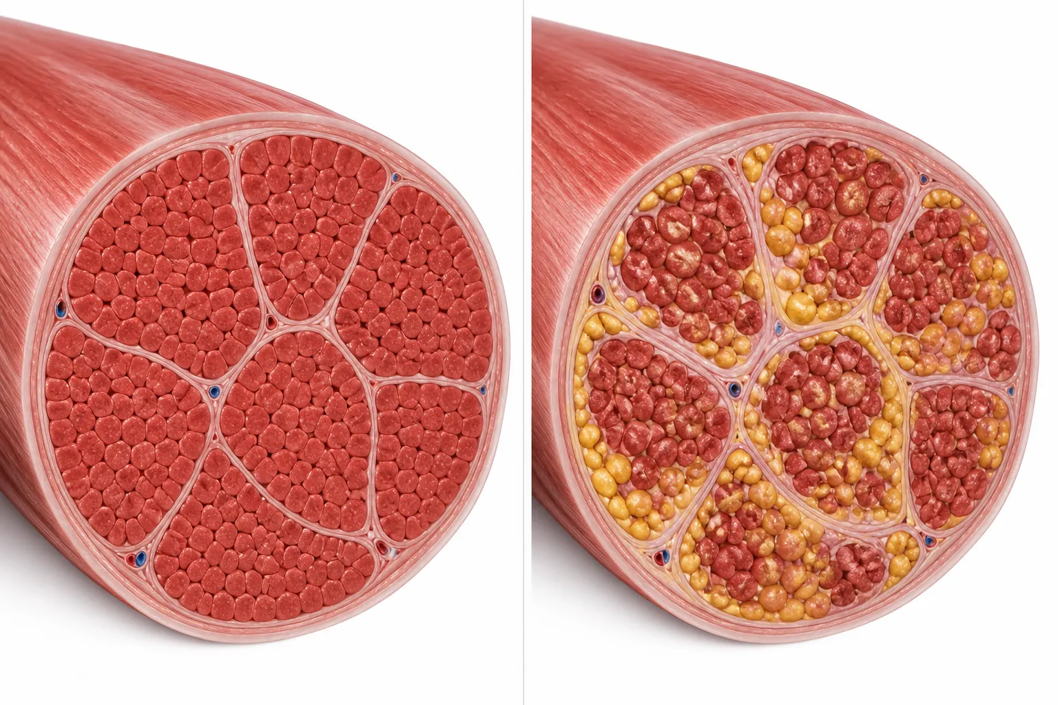 Side-by-side illustration comparing dense healthy muscle fibers with aging muscle fibers containing fatty tissue