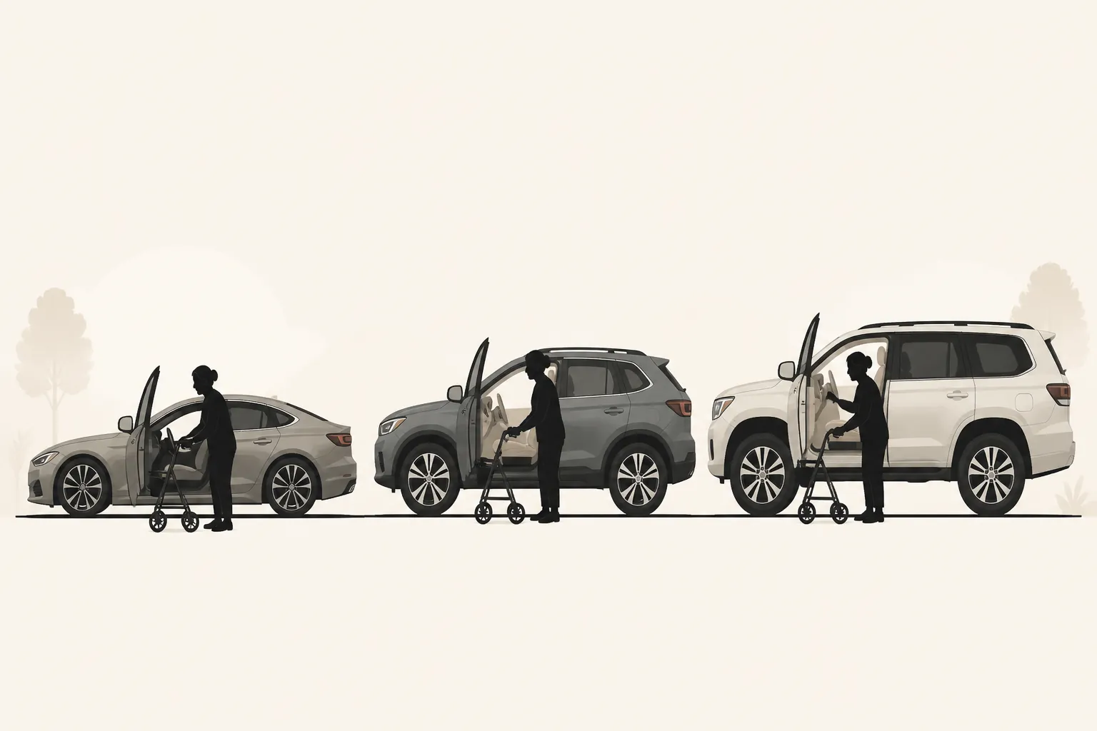 Illustration comparing low, mid-height, and tall vehicle entry for an older adult with a rollator